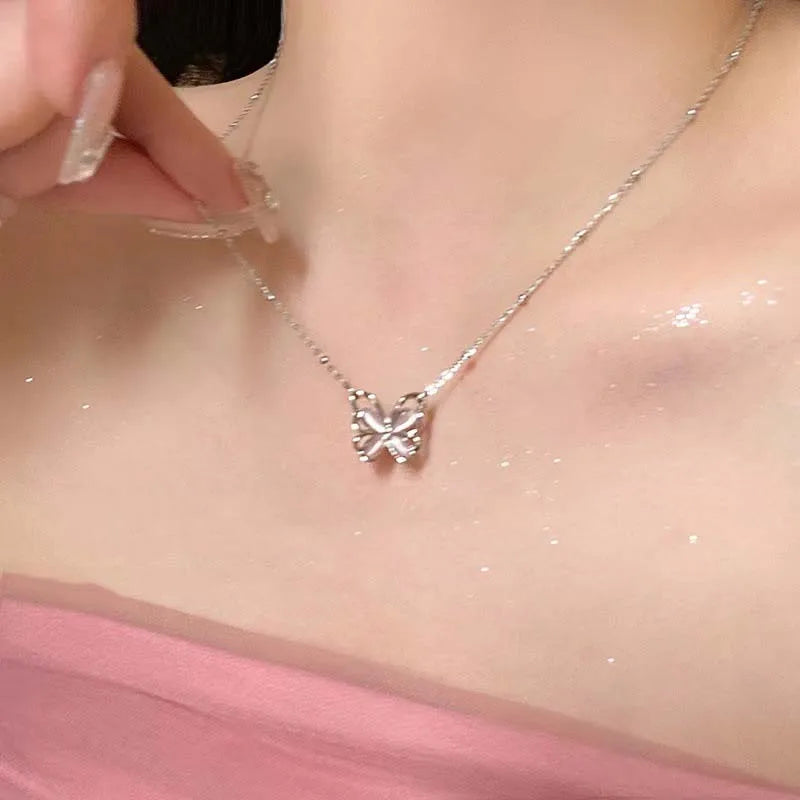 Fashion Pink Crystal Heart Bow Tie Pendant Necklace. Silver Color Chain.  Necklace for Women on Valentines for Aesthetic Jewelry