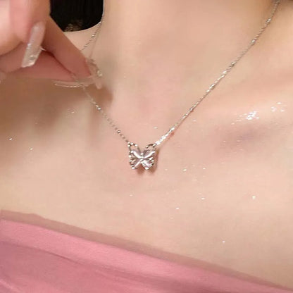 Fashion Pink Crystal Heart Bow Tie Pendant Necklace. Silver Color Chain.  Necklace for Women on Valentines for Aesthetic Jewelry