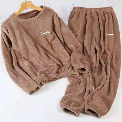 Leisure  with Autumn/Winter Women's Warm Velvet Pajamas with ,Loose Round Neck Elastic Top, Warm Wool Elastic Waist and Tight Leg Pants Set