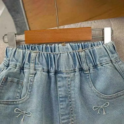 Girls  Summer  Shorts /Jeans,  Fashion Embroidery with  Bow,  Short Denim Pants For 2-12 Year Old Girls, Cotton Trousers