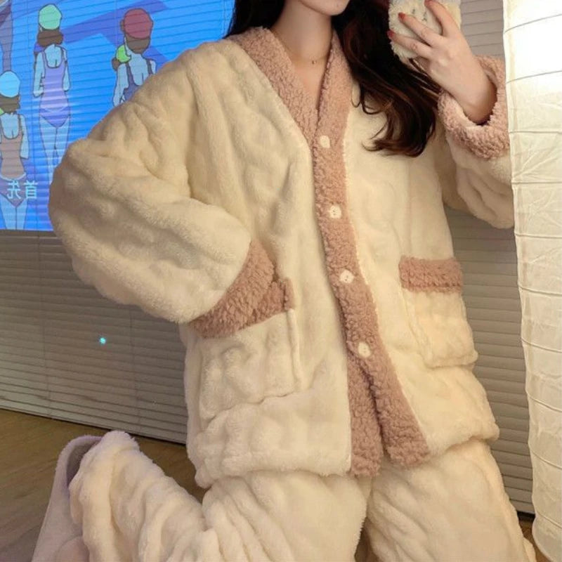 Coral Fleece Pajamas Women New Autumn and Winter 2024 Thickened Fleece-lined Graceful Couple Online Celebri Home Wear Set