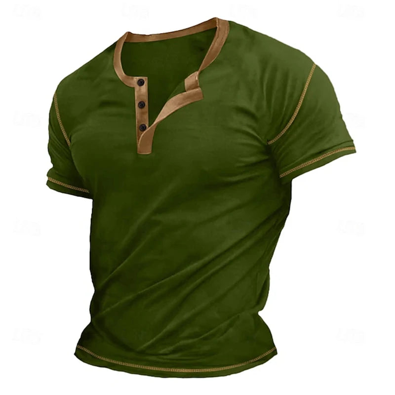 Retro Men's Button-Down T-Shirt  (HENLEY-STYLE), Minimalist Print T-Shirt,  Loose-Fit,  Casual Summer Shirt,  Stylish Streetwear Men.