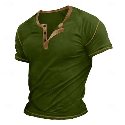 Retro Men's Button-Down T-Shirt  (HENLEY-STYLE), Minimalist Print T-Shirt,  Loose-Fit,  Casual Summer Shirt,  Stylish Streetwear Men.