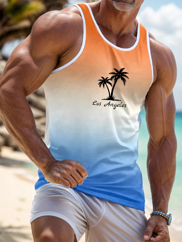 Summer Casual Men's Sleeveless T-shirts,One color bleeding into the next (in a gradient manner)and also VACATION Pictures/Island scenes and  Hawaiian  Land-scapes. Fashion O-Neck,  Tank Top for  Outdoor Beach or just loungin