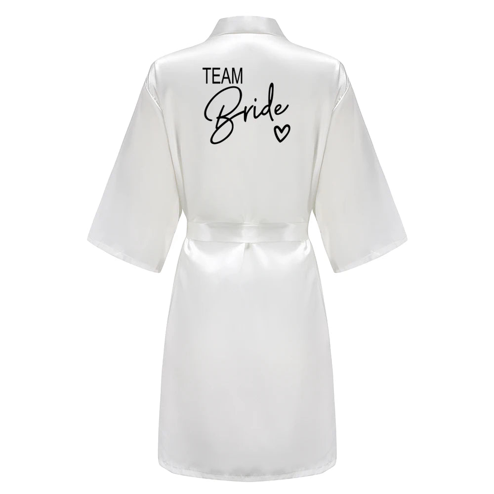 Wedding Party Team Bride Robe With Black Letters, Kimono Style Satin Bridesmaid Bathrobes
