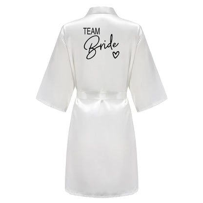 Wedding Party Team Bride Robe With Black Letters, Kimono Style Satin Bridesmaid Bathrobes