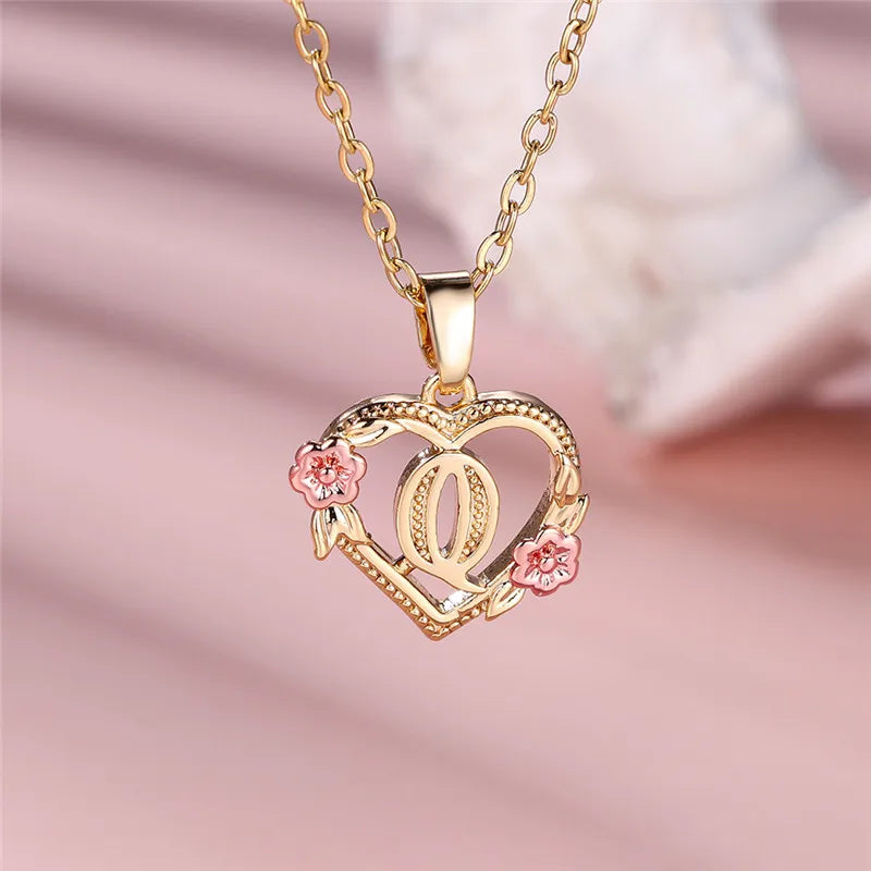 A-Z Letter Flower Pendant Necklace,  Yellow Gold  Wedding Jewelry GifTS