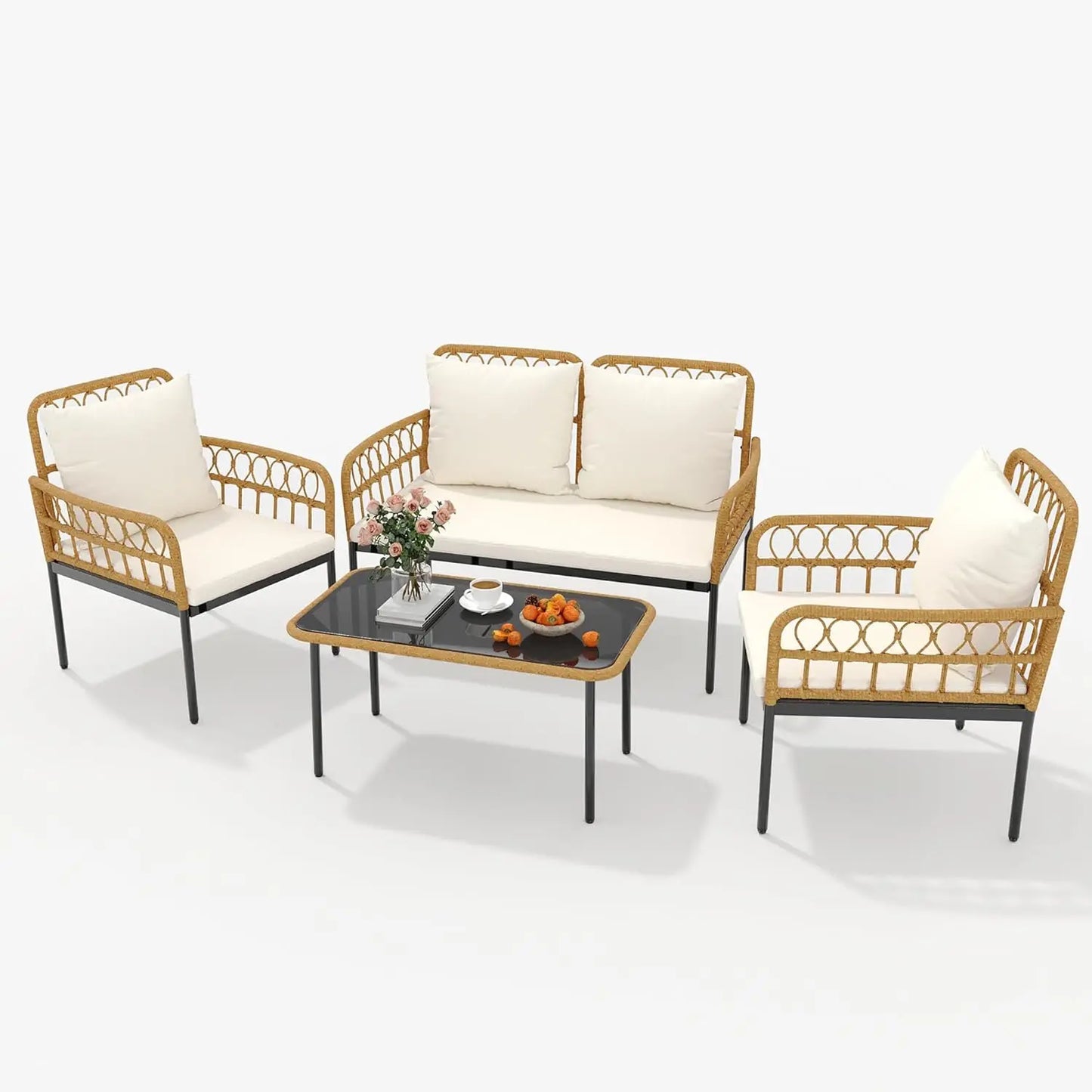 4 Piece Patio Furniture Set of  Wicker for  Outdoor Patio Table and Chairs Set with Glass Side Table, Loveseat Chairs, Boho Rattan