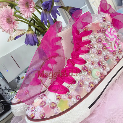 Handmade Rhinestones and Bling.  Girls/ Womens /Kids And Mother.   Candy Canvas Shoes.  Pearl Sneakers For Girls Birthday /Christmas Gift