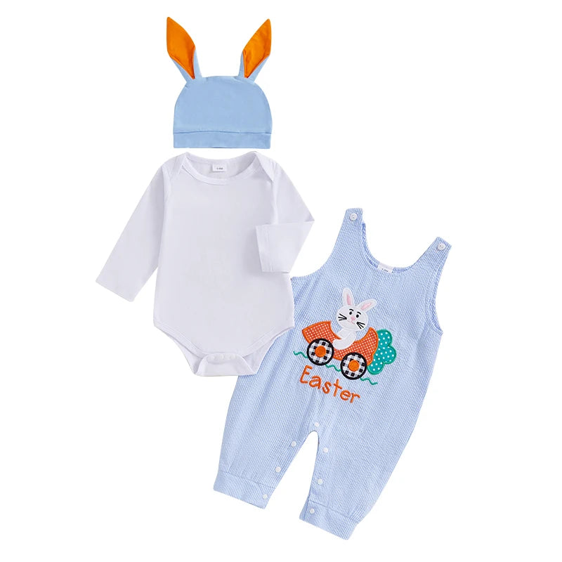 My First Easter Baby Boy Outfit,  Bunny Embroidery Farm Romper with  Plaid Overall,   Bunny  Earson  Hat.  Newborn Baby Easter Clothes
