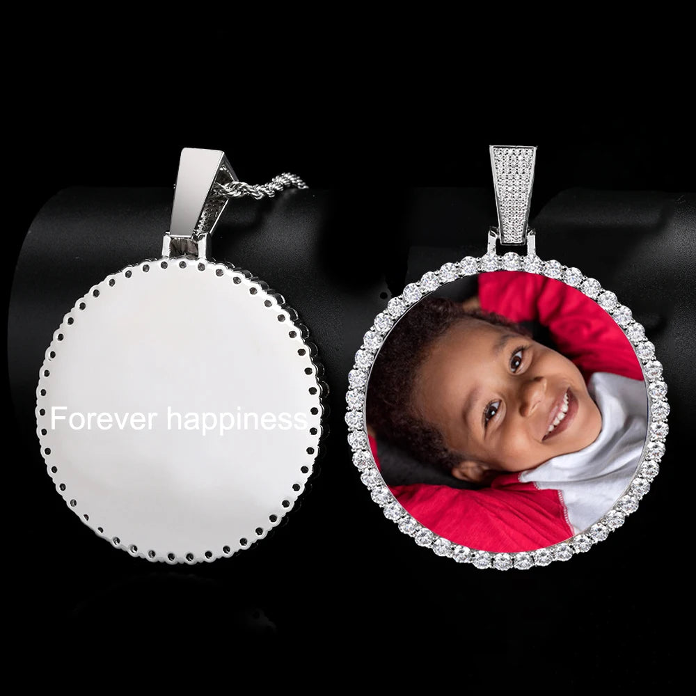 Hip Hop Jewelry Bling CZ Memorial Picture Frames Necklace Personalization Photo Custom 26/35/45/68.5MM Circle Medallions Pendant