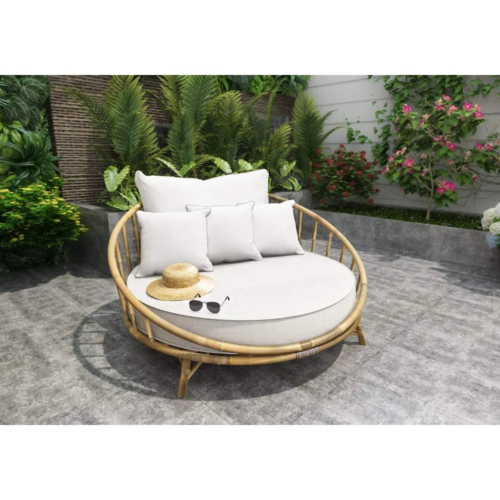 Rattan Bamboo Round Daybed Outdoor Sofa Chair with Cushion and Pillows for Backyard, Porch, Swimming Pool, Living Room.  LUv,Luv,Luv  this item.