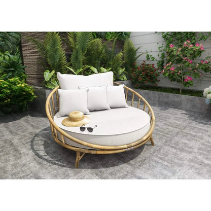 Rattan Bamboo Round Daybed Outdoor Sofa Chair with Cushion and Pillows for Backyard, Porch, Swimming Pool, Living Room.  LUv,Luv,Luv  this item.