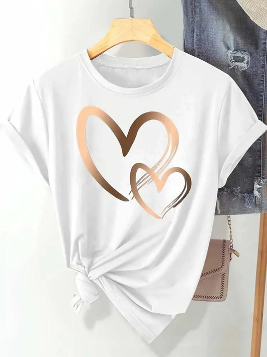 Summer  Fashion  for Women's Hearts, Printed T-shirt,  Trendy,  Casual  with Round Neck.   Top with Short Sleeves for Women. Just a few Color/sizes are gone.  Most of the 5 colors and sizes are waiting for you