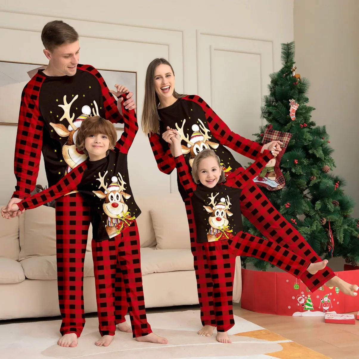 New checkered Christmas parent-child set  of pajamas with cartoon print of  a little deer