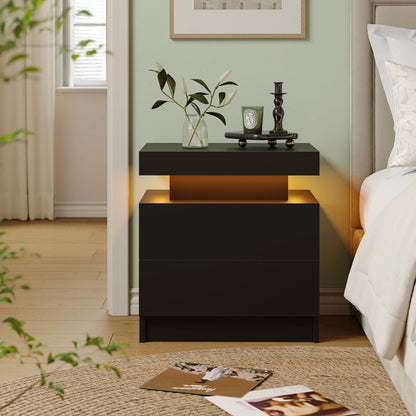 Cube LED Nightstand with 2 Drawers, End Table with RGB LED Lights for Bedroom, Living Room, in White