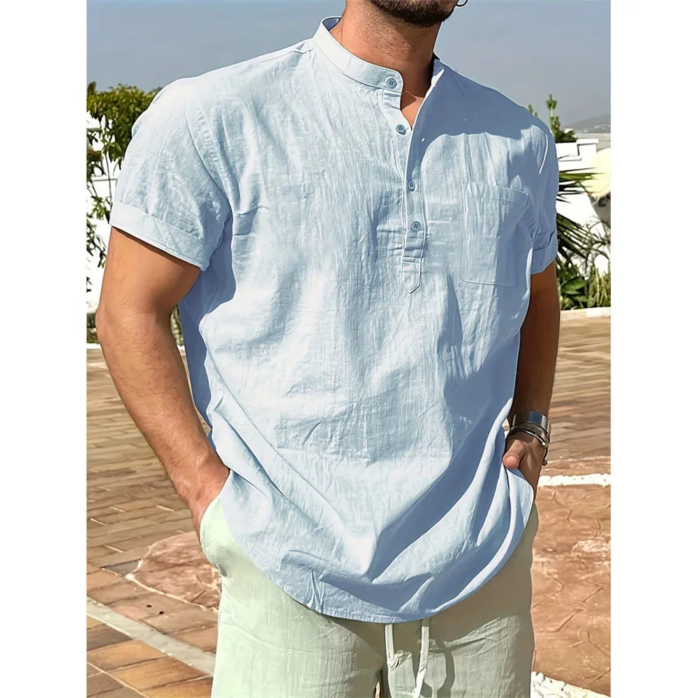 Summer Hot Sale  on Men's Cotton Linen T-shirt,  Henley Neck,   Casual,  Breathable,  Lightweight Solid Color,  Pocket Button Tops