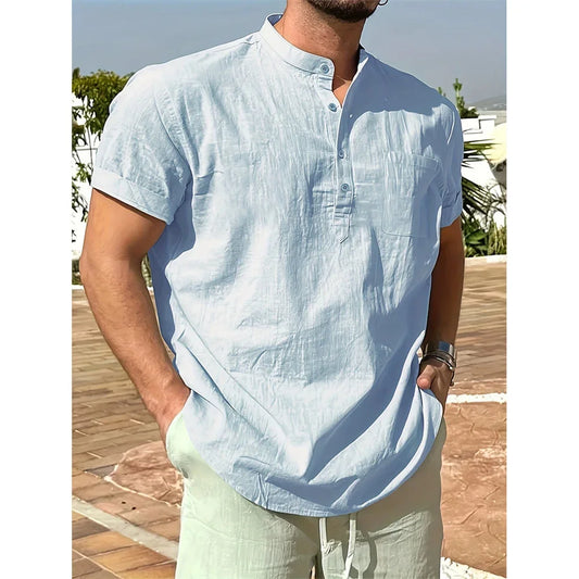 Summer Hot Sale  on Men's Cotton Linen T-shirt,  Henley Neck,   Casual,  Breathable,  Lightweight Solid Color,  Pocket Button Tops