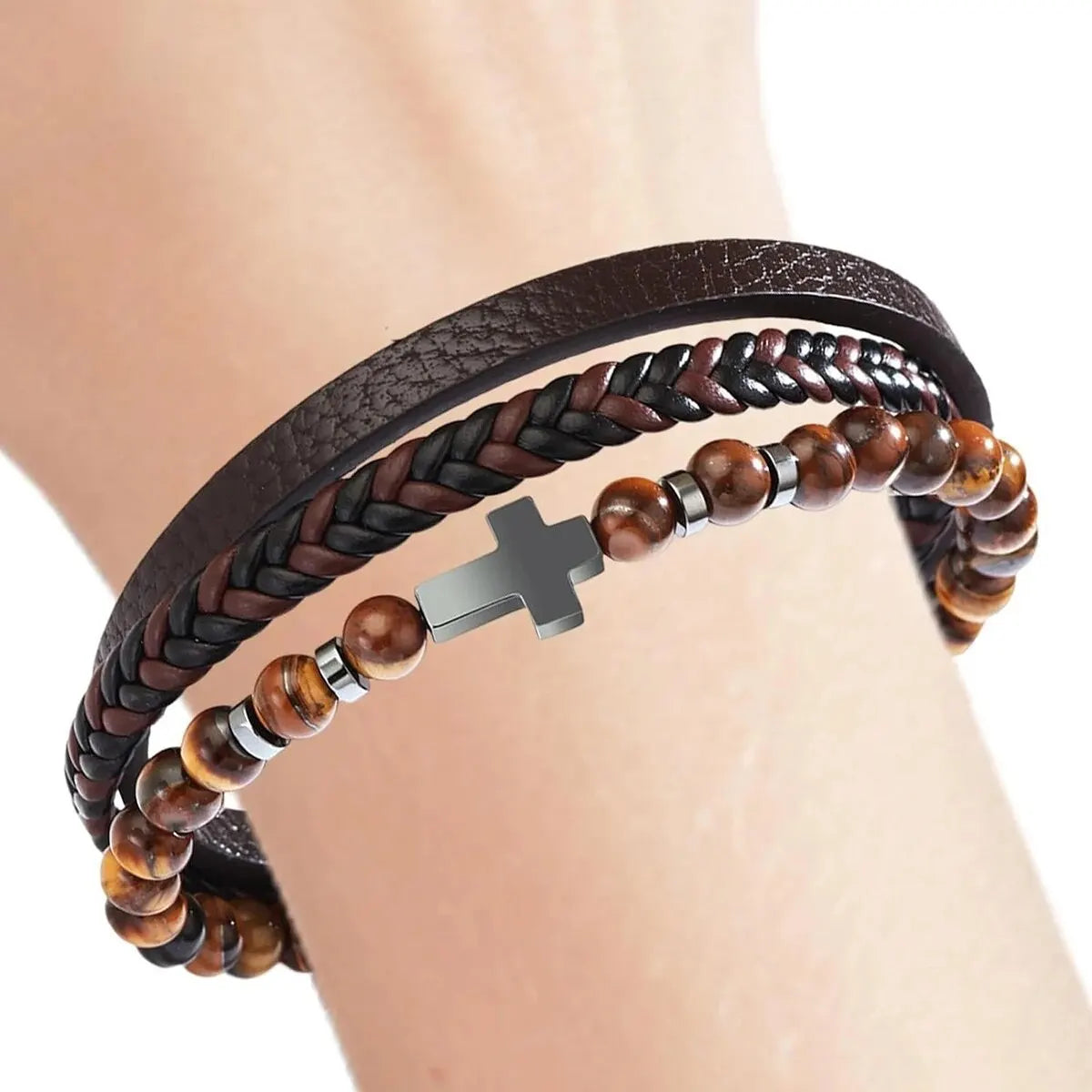 Cross Bracelet Men/Women, Multi-Strand Woven Bangle, Cuff Wristband Or Birthday Gift for Him.  The yellow-tiger eye is almost gone and the other 2 dark stones are Plentiful.