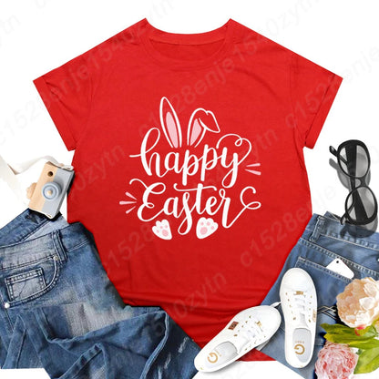 Cute Happy Easter Bunny Print T-Shirts  for Junior Women , Short Sleeve,  Round Neck Tee Shirt Casual,  Soft Summer,  Solid Color T Shirt /Tops