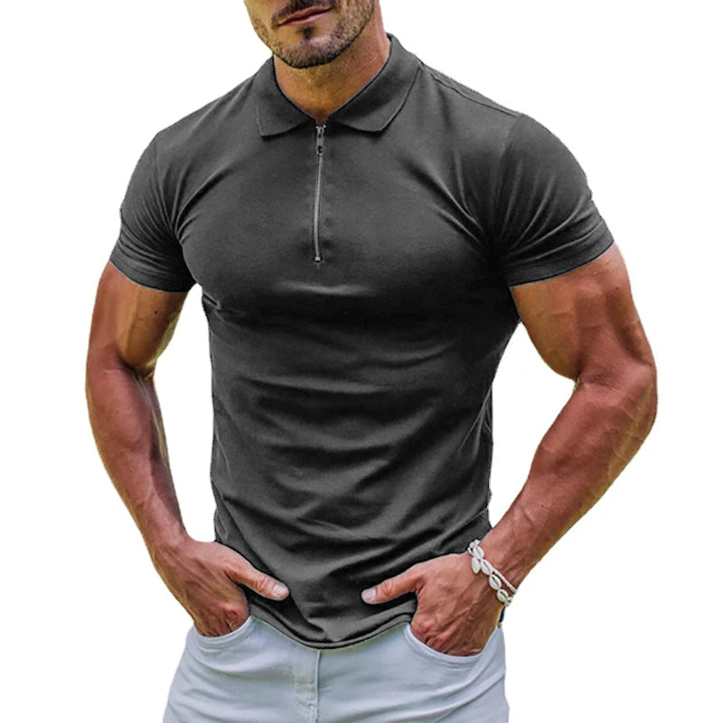New Elastic Polos Shirts, 11 Solid Colors to pick from. Men's Sports T-shirt  with  Zipper, Short Sleeved Slim T-shirt , Casual, Basic Tops