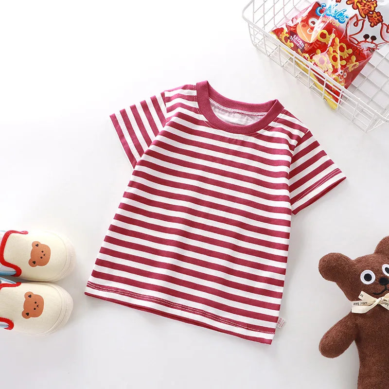 100% Cotton Striped T Shirt for Kids Boys, Baby,  Red Shirt,  Boy/Girls. Tops Base Shirts,   Children's Clothes 2026