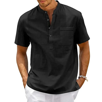 Cotton /Linen Shirt for  Men , Henley Neck,  Pocket,  Casual Beach, Short Sleeved,  Solid Colors, Male T-shirts