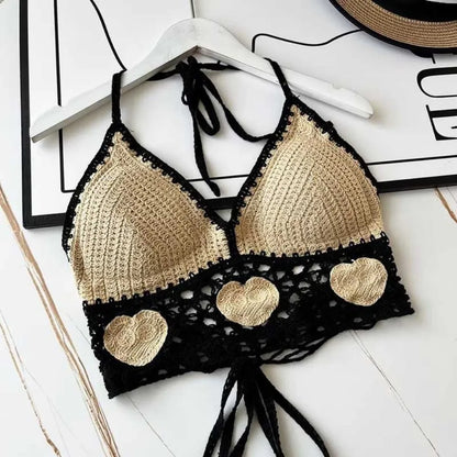 National Style Women Swimwear Top with Chest Pads Bohemian Beach Wear Outfit Crochet Hanging Neck Summer Sling Beach Vacation