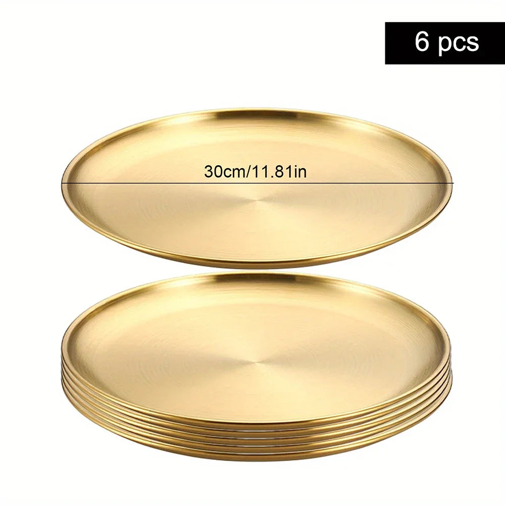 6Pcs Gold Stainless Steels Round Plate Rust-Proof Shallow Tray Plate Camping Plate,  Picnic Dishes Cookware,  There are 3 sizes left.  they are 30 cm, 26 cm, and 14 cm.  14 cm is the most available.