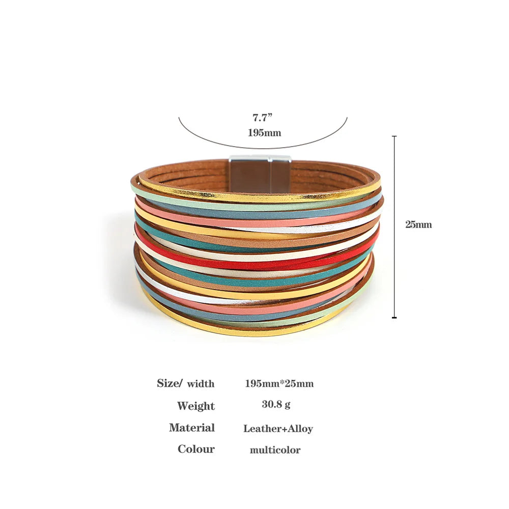 Trendy Colorful Leather Bracelet for Women /Men.   Boho Multilayer Slim Strips Wrap Wide Bangle Bracelets. Jewelry Gifts