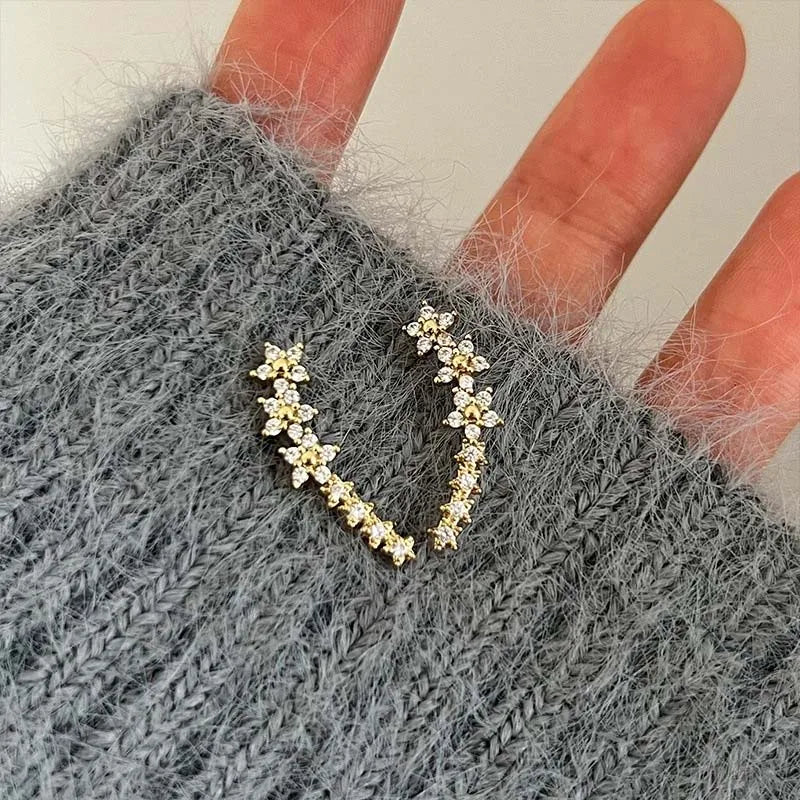 Fashion Silver Color Zircon Flower Star Stud Earrings For Women Simple Metal Piercing Climbing Earrings Jewelry Accessories