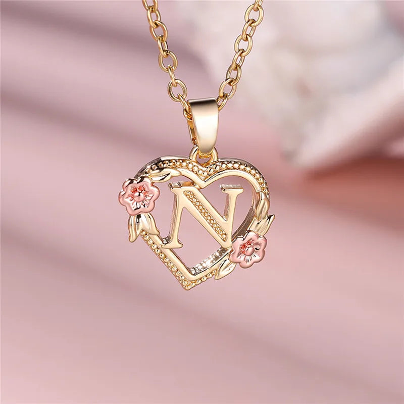 A-Z Letter Flower Pendant Necklace,  Yellow Gold  Wedding Jewelry GifTS