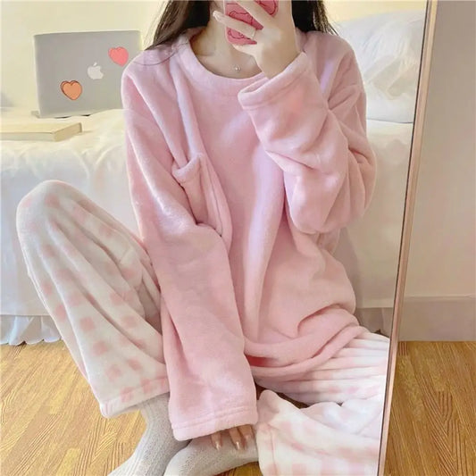 Fleece, Thick Warm Women's Pajamas Set FOR Winter Sleepwear. Casual Solid Top and Plaid Pants Soft  Pajmpas Set for Women