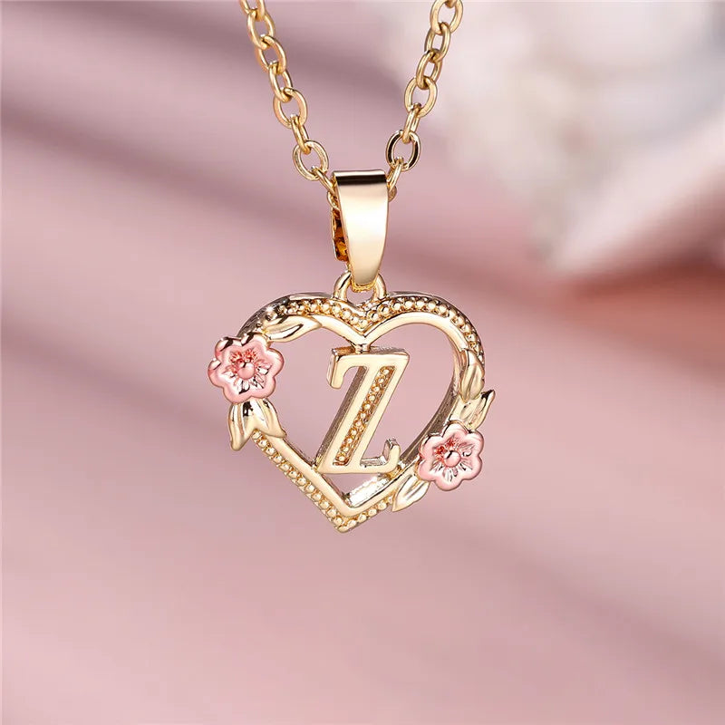 A-Z Letter Flower Pendant Necklace,  Yellow Gold  Wedding Jewelry GifTS