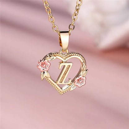 A-Z Letter Flower Pendant Necklace,  Yellow Gold  Wedding Jewelry GifTS