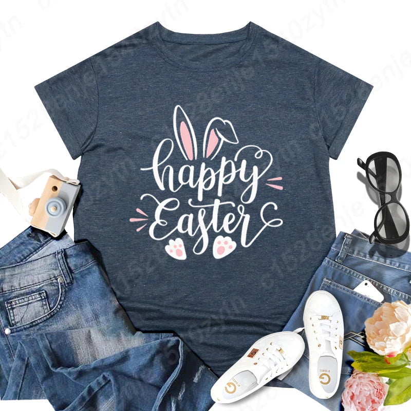 Cute Happy Easter Bunny Print T-Shirts  for Junior Women , Short Sleeve,  Round Neck Tee Shirt Casual,  Soft Summer,  Solid Color T Shirt /Tops