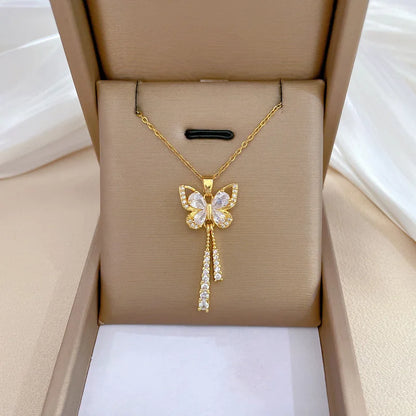 Exquisite Micro Inlaid Zircon Butterfly Tassel Necklace For Women and MOTHERS DAY Gift.   Stainless Steel,  Clavicle Choker Jewelry
