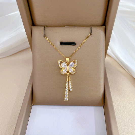 Exquisite Micro Inlaid Zircon Butterfly Tassel Necklace For Women and MOTHERS DAY Gift.   Stainless Steel,  Clavicle Choker Jewelry