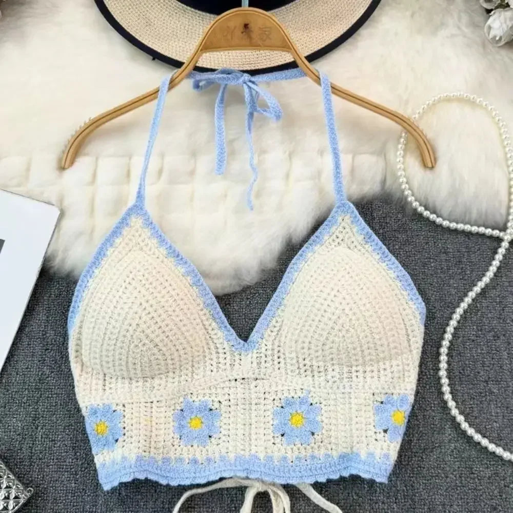 National Style Women Swimwear Top with Chest Pads Bohemian Beach Wear Outfit Crochet Hanging Neck Summer Sling Beach Vacation