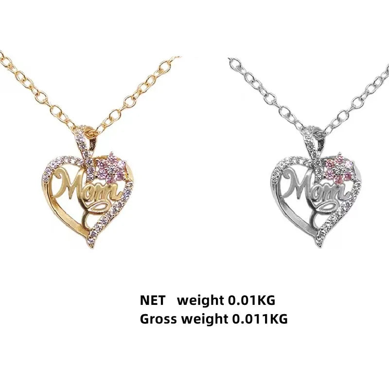 Gold-Plated Mom Heart Necklace with Cubic Zirconia - Dainty Valentine's Day Gift for Womens Fashion Jewelry