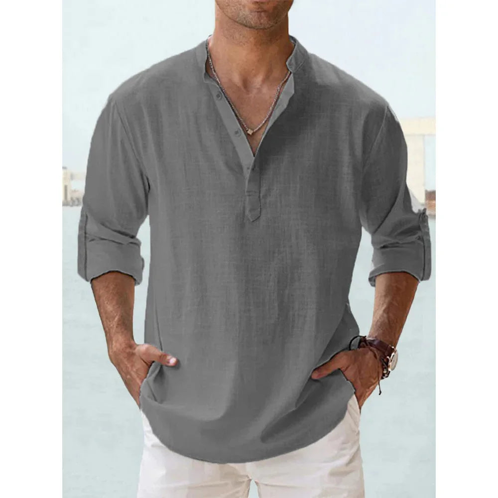 Cotton Linen Hot Sale Men's Short-Sleeved Shirts.  Summer Solid Colors Henley Collar Casual Beach Style Hawaiian Vacation