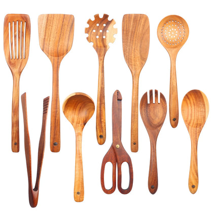 1-10 PC Wooden Cooking Spoons,  Smooth Teak Wooden Utensils,  Non-Stick Wooden Cooking Utensils –