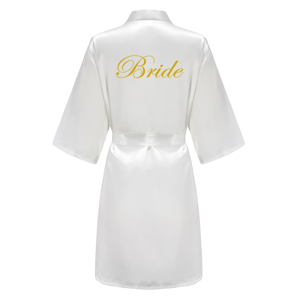 Wedding Party Team Bride Robe With Black Letters, Kimono Style Satin Bridesmaid Bathrobes