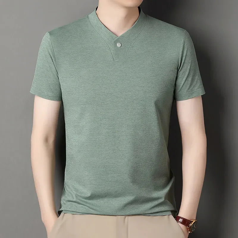 2026 Men's Casual and Fashionable One Button V-neck,  Solid Colors to choose from,  Short Sleeved T-shirt for Summer.