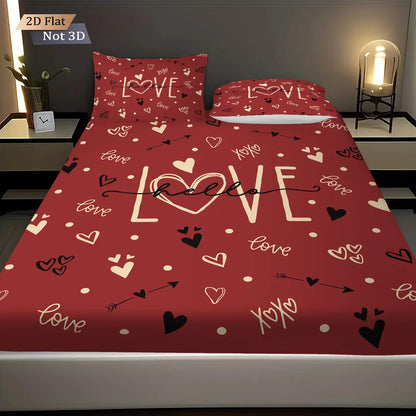 3pcs Valentine's Day Romantic Red LOVE Print.  Choreless Bed Sheet Set with Multi Size Bed Cover.