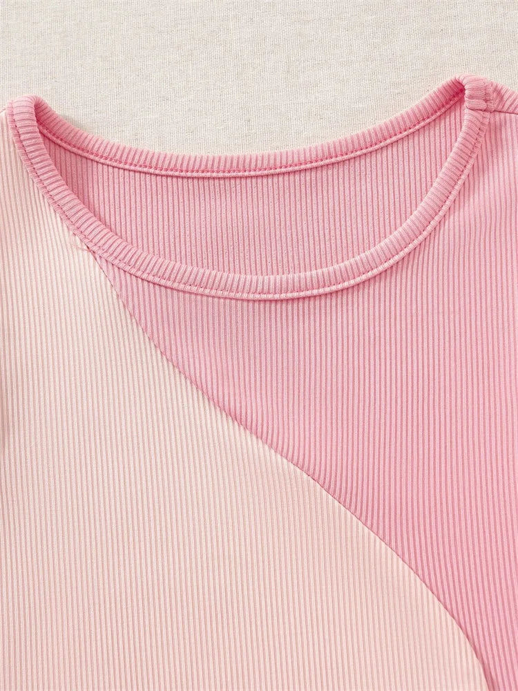 Women's Ribbed Knit Tan Tank Top O-neck Sleeveless Cute Baby Tee, Summer Patchwork Color Block Crop Top T Shirt.  Tan color ONLY available S, M, L.  Pink is OUT-OF-STOCK.