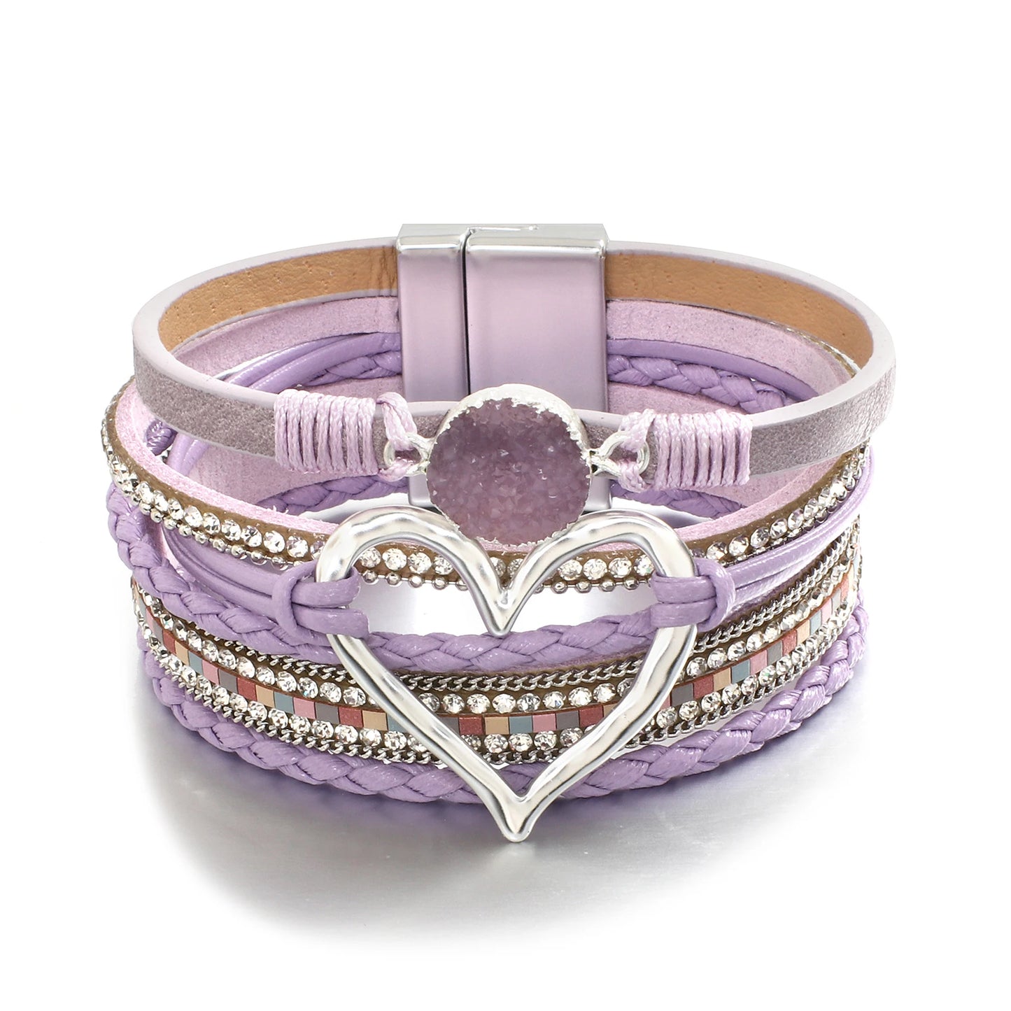 Metal Love Heart Charm,  Leather Bracelets for Women, Fashion Rhinestone Braided Wrap Bracelet , Bangle Female Jewelry Gifts
