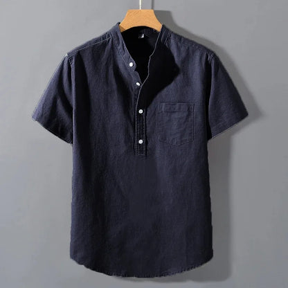 Mens Short Sleeve Shirts in  Solid Colors.   Stand Up Collar Shirt for Summer.   Trendy, Breathable,  Loose,  Basic Cotton Pocket