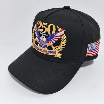 1776-2026 USA 250 Years Freedom Eagle Embroidery Baseball Cap,  Hard Crown Structured Dad Hat,  American Flag Side Patch Patriotic