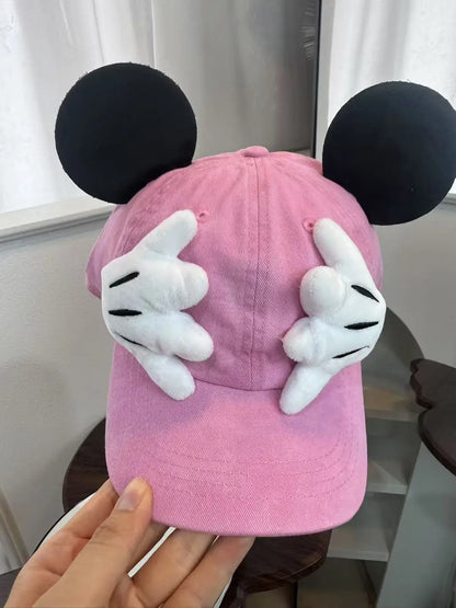 Cute Cartoon Mouse Ear Baseball Caps Adjustable Snapback Hat Outdoor Sports Travel Sun Hat with Curved Brim for Adult Teens.  RED and BLUE are gone. PINK, BLACK, PURPLE are most available.